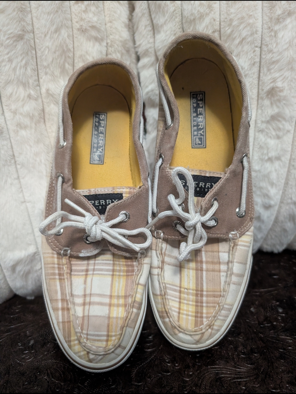 Sperry Taupe Plaid Boat Shoe with Yellow Insole